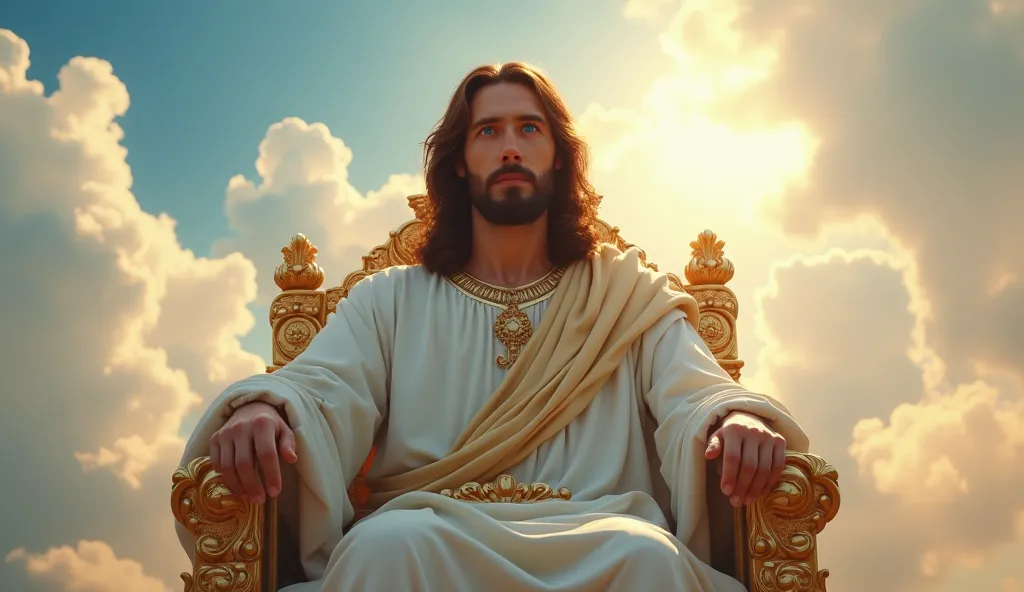 super detailed high quality 8K photorealistic image of a beautiful Jesus Christ with blue and serene eyes looking directly at the camera, sitting on a beautiful golden throne on the clouds in the sky.
