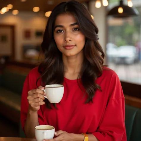 pooja_hegde , Pooja Hegde - South Indian Actress wearing red tshirt, sitting at a cafe holding a small cup of coffee, portrait photography, The image is detailed and shot using a Canon EOS R5 Mark II 45MP Full-Frame Mirrorless Camera with 85mm f 1.4 lens, ...