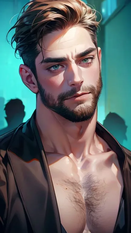 (  Best Quality,4K,8k,   highres,  masterpiece :1.2),  breasts  ,(Realistic,photoRealistic,photo-Realistic:1.37),36-year-old man,3 day beard,Beautiful anime,Portraits,strong,masculine,     with dark hair  ,sharp jaw,      mesmerizing green eyes   ,    perf...