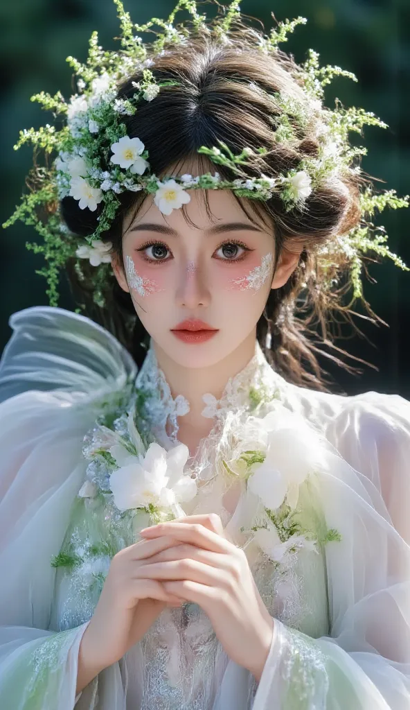 a beautiful girl wearing a flower crown and cotton wings, intricate butterfly wings, elegant and graceful posture, detailed and delicate facial features, Naruto's porcelain skin, Soft light, magical and dreamy atmosphere, quiet forest background, vibrant c...