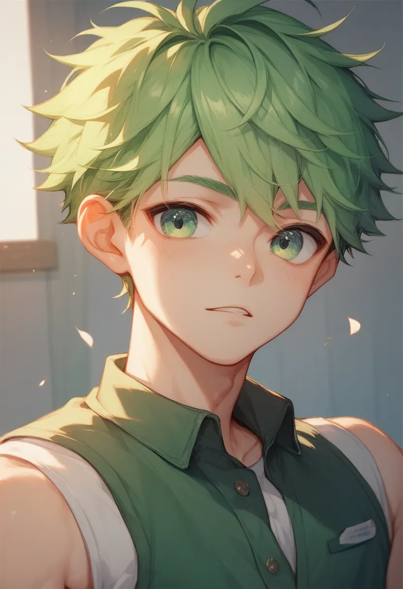 young energetic boy、He's a green haired、a pretty face。His green eyes、scanning everything