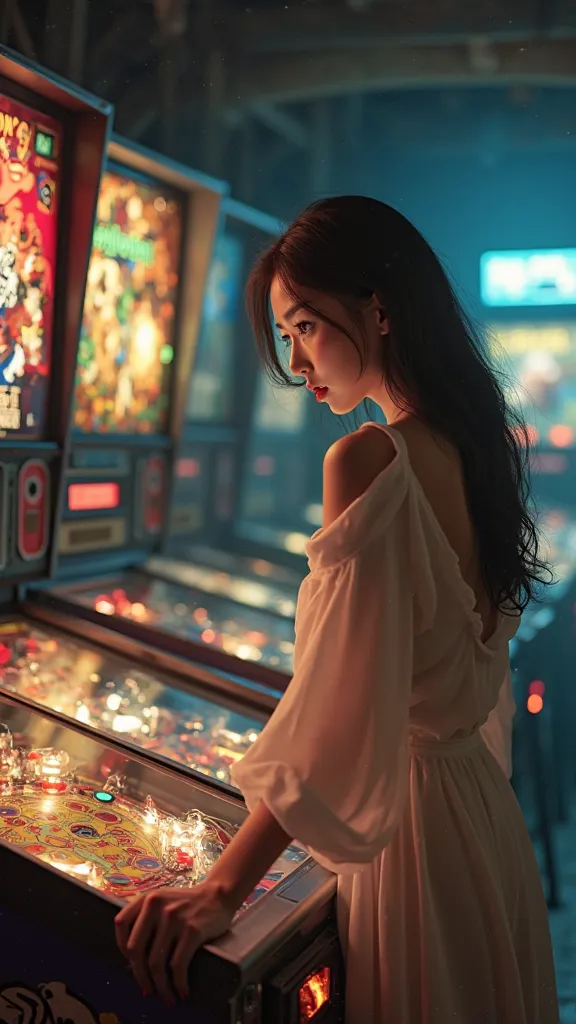 A woman playing pinball in a dark room. Asian woman wearing white cotton. She is visible head to toe. 