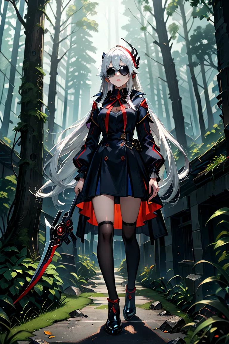 full body, Anime with a scythe and a sword in a dark room, a character portrait inspired by Li Chevalier, pixiv, fantasy art, white-haired deity girl, portrait of a female mage, her, and two glasses lenses sewn into the white mask on the hood, a detailed p...