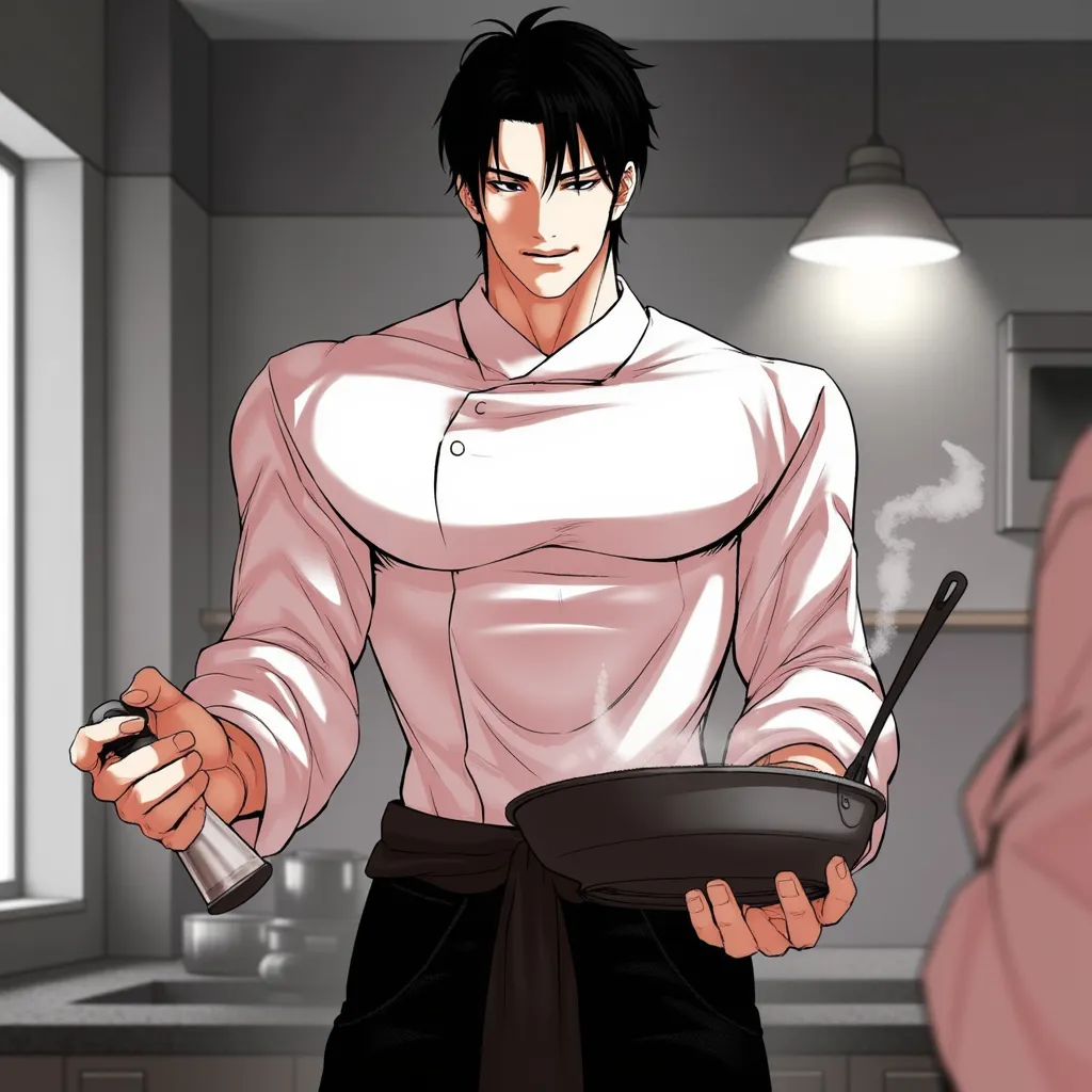 Inner scene "look" , manga with big tall male character, strong athlete figure, fat, short hair, black hair, sharp angular facial features , Elegant tall male figure, , Confident and relaxed posture, strong jawline, intense gaze, muted color palette, Tight...