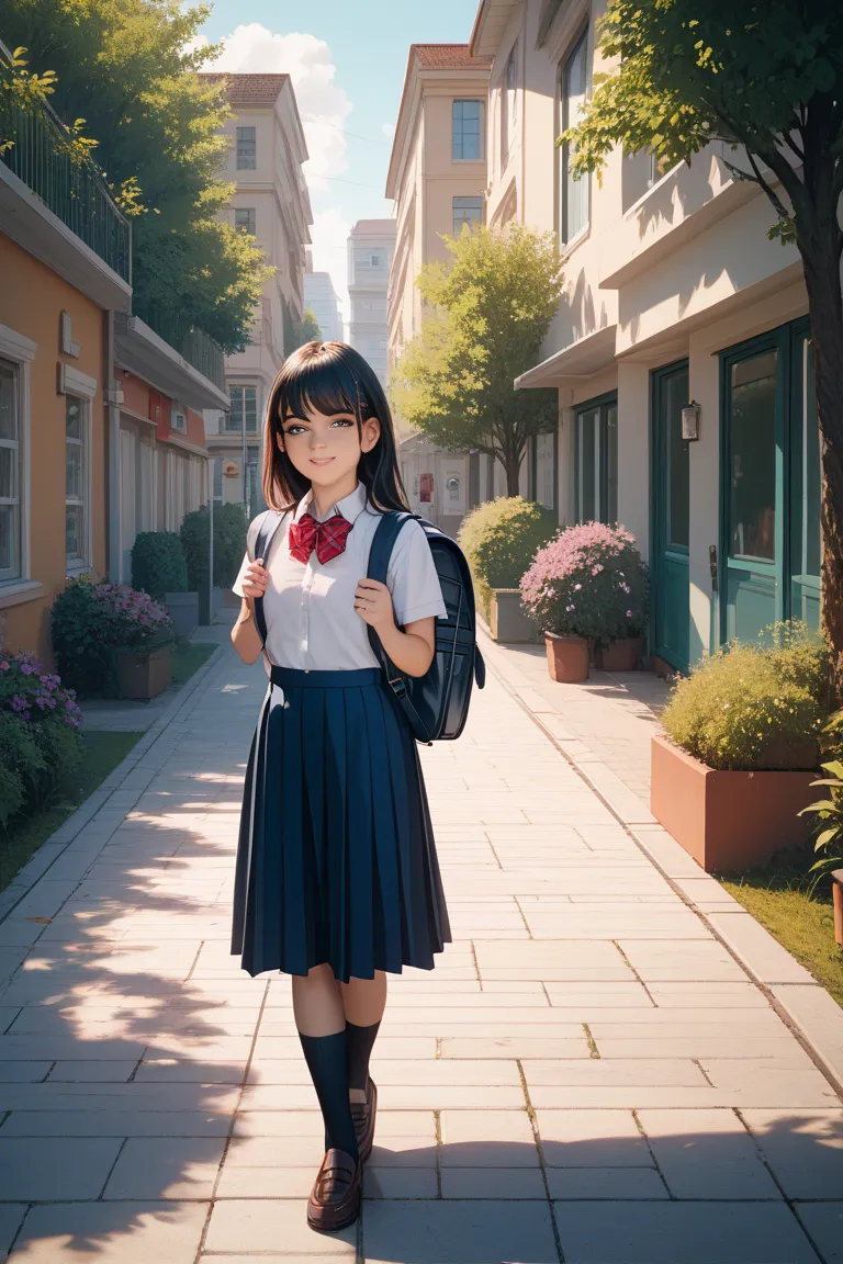 Female junior high school student with black hair on her way home from school