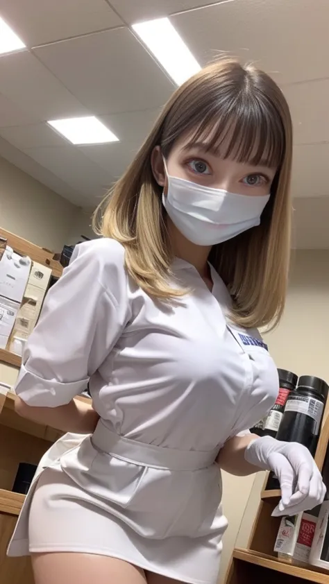 ((White Nurse uniform:1.2、nurse cosplay:1.1))、The perfect micro size for the body、skirt、Medium breast、 layer style、blonde hair、Straight Bob Hair、smile、(white rubber gloves)、(((White Mask:1.3)))、smile、Standing in front of the medicine cabinet、Inside the hos...