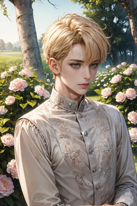  ((best quality)), ((masterpiece)), ( details), ((perfect face)), Alone, 1 male,  handsome,  perfect ratio ,  yellow short hair  ((Bridgerton male characters))