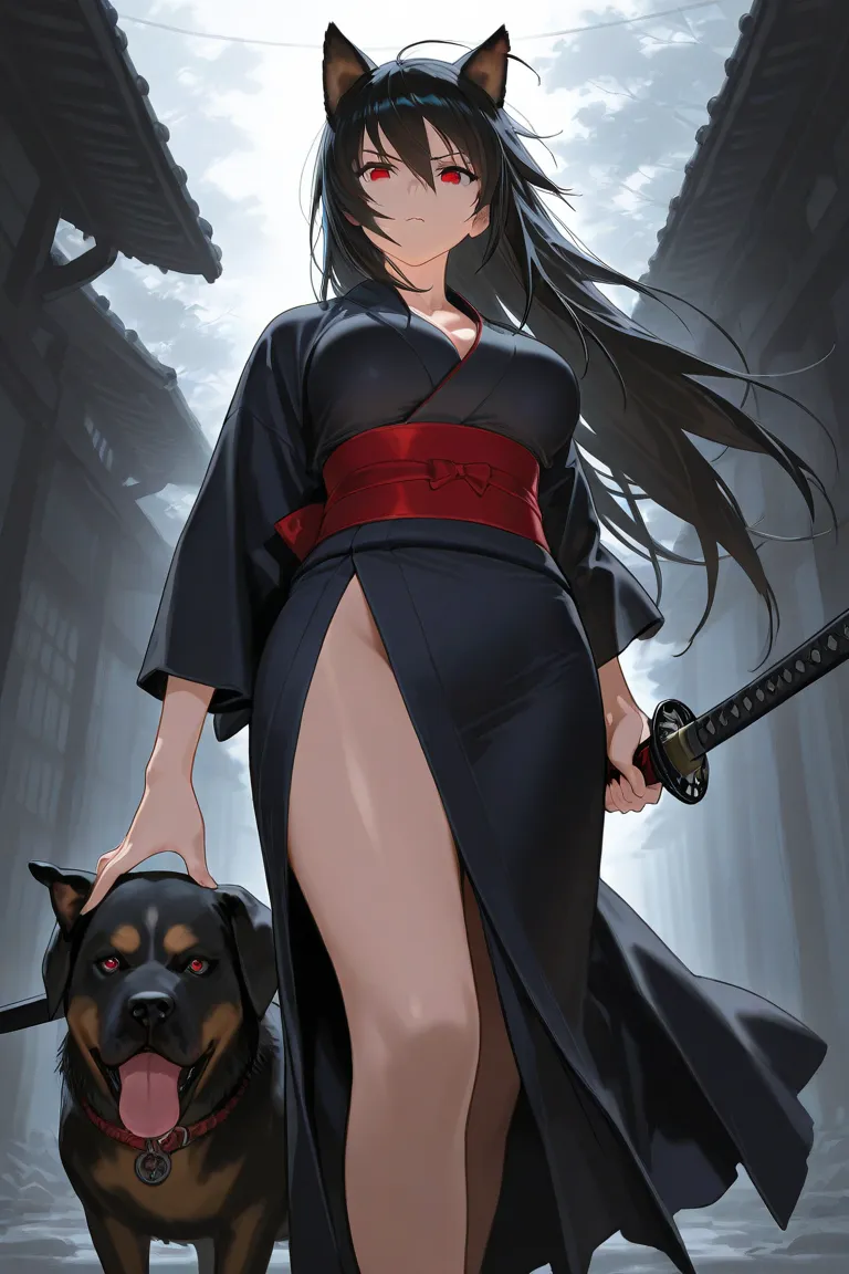 A cool samurai woman with long black hair and red eyes wearing a black yukata wearing a sword with dog ears as a weapon