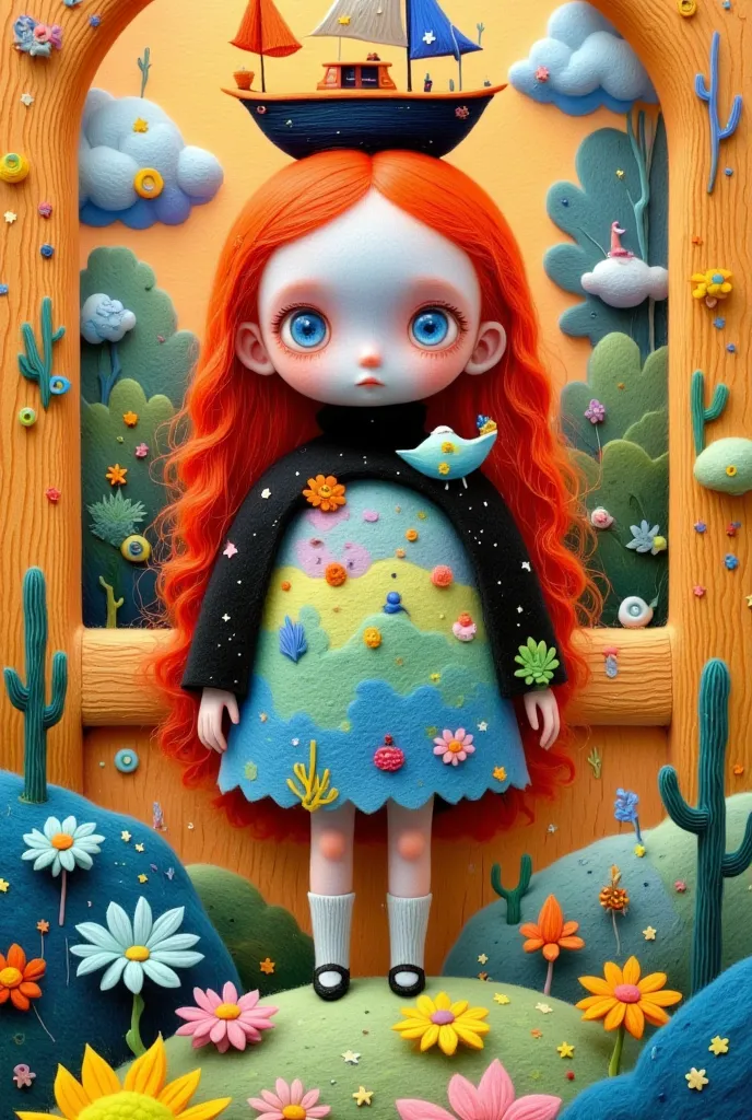 A creative and childlike illustration in a wooden photo frame：Felt Art， colorful black ， lively and fun ，lively，with a boat and a bird on her head, beeple 和 jeremiah ketner, Jane Newland,  pop surrealism,  pop surrealism art style, Pop Surrealism, lowbrow ...