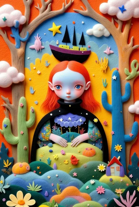 A creative and childlike illustration in a wooden photo frame：Felt Art， colorful black ， lively and fun ，lively，with a boat and a bird on her head, beeple 和 jeremiah ketner, Jane Newland,  pop surrealism,  pop surrealism art style, Pop Surrealism, lowbrow ...