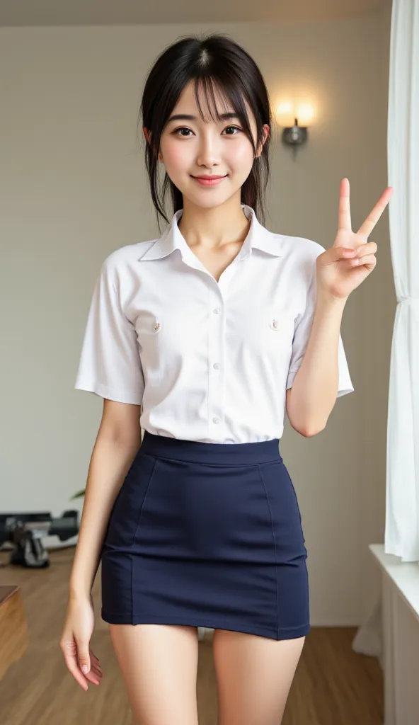 white shirt、 navy tight skirt 、double peace sign、 black hair、high quality Japanese woman、 Marunouchi OL、First-year working student、 laugh、LOL、happy expression、 full body image、4K Digital Photography、Professional、Extremely fine texture、realistic texture、HDR...