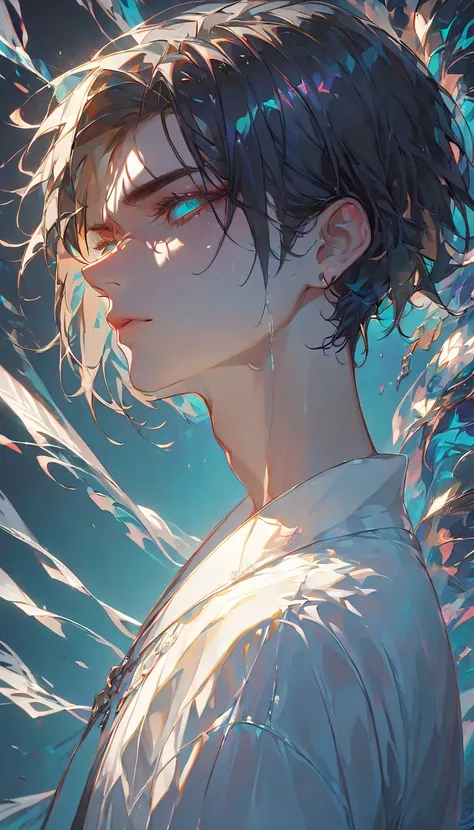 1boy, black hair, white shirts, white iliy, short hair, chromatic aberration, masterpiece, turquoise eyes