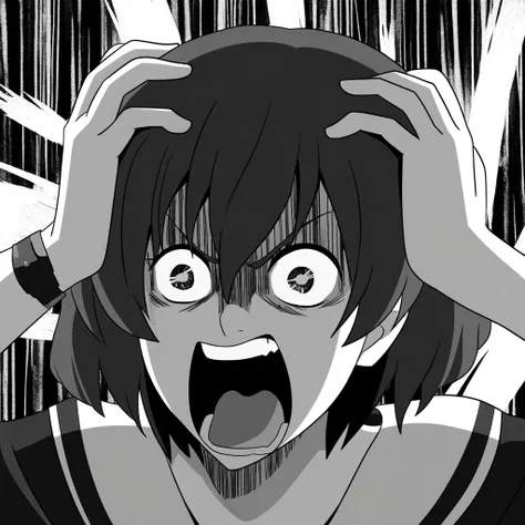 monochrome,solo,greyscale,1girl,parody,open mouth,style parody,hands on own head,screaming,