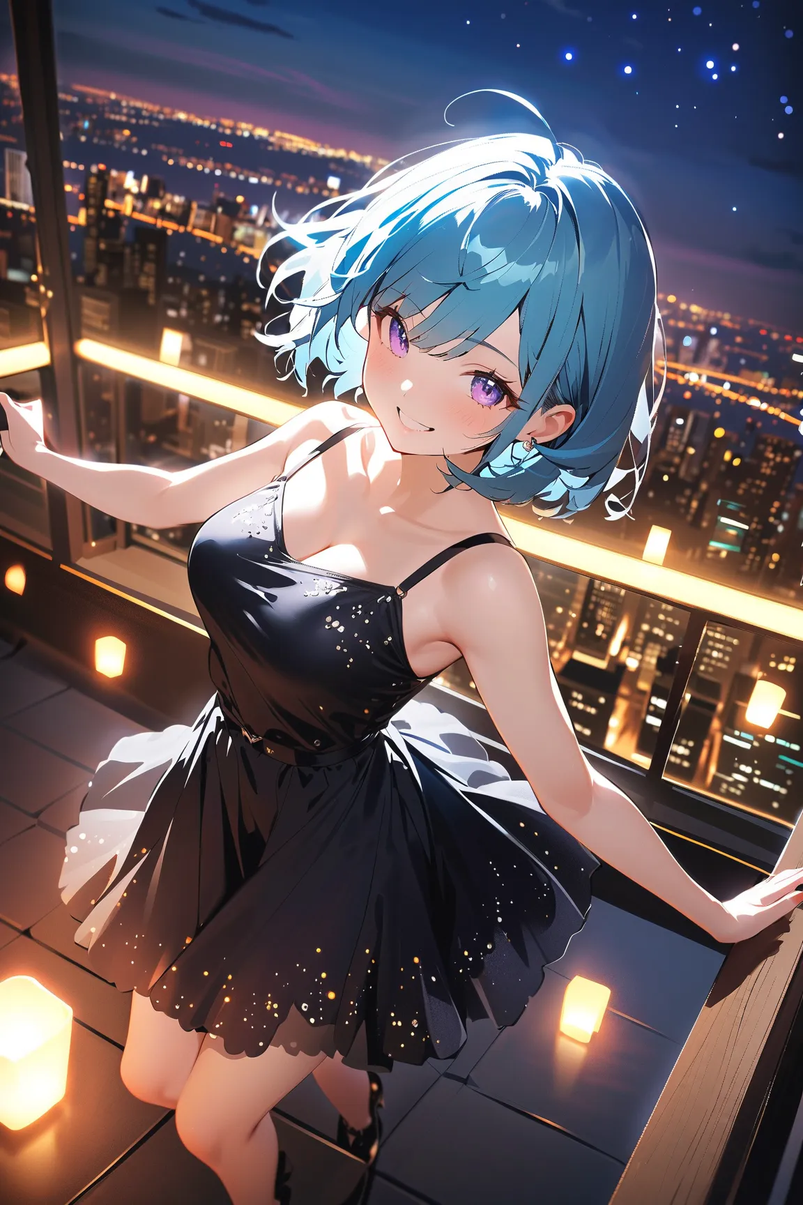 1 girl, (charming face), (short hair:1.2), (playful smile), large breasts, fit, (wearing a trendy dress), above knee length, (bold colors), 
BREAK 
Moonlit rooftop, city skyline, (twinkling stars:1.2), night scene, (dancing:1.2), 
BREAK 
(soft lighting, et...