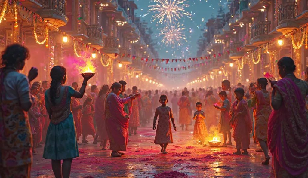 People lighting lamps during Diwali, and ren playing with colors during Holi, creating a festive atmosphere.