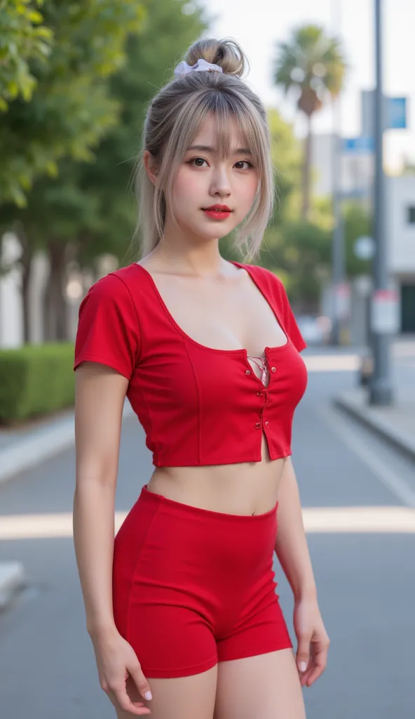 highest quality, RAW photo, , 18 year old Korean, beauty, Big Breasts:1.5, Cracked nipples:1.5, Healthy skin tone,   fair and smooth skin  , (hair bun, Bow-shaped hair), ((light brown silver hair)), Mr.々Beautiful eyes of different colors,  thin lips, Beaut...