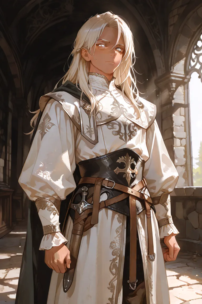 Male, long platinum blonde hair, white eyes, tan skin, fitted medievalwear, lean build, handsome manwha man