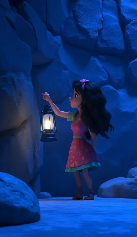 Create a Disney Pixar style close-up shot of Ella’s trembling hand touching the solid rock where the exit used to be. The setting is a sealed cave wall with no sign of an opening. The subject is placed centered, emphasizing her desperation. The point of vi...