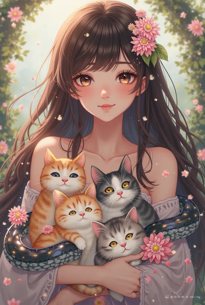 A brunette beauty holds three flower cats and snakes around her snake head on her shoulders anime style