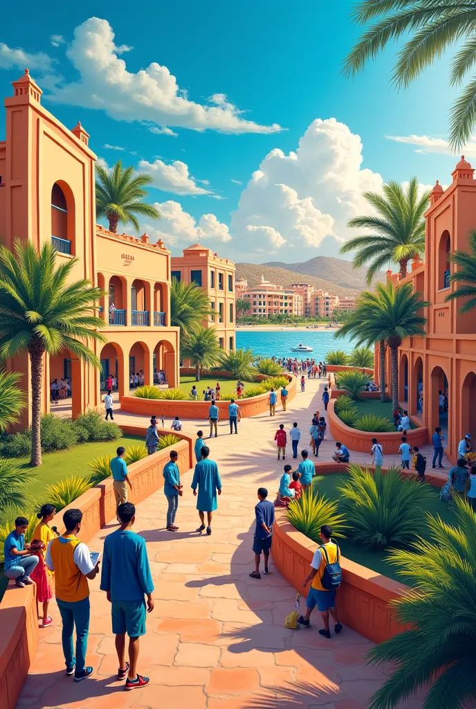 I want a creative painting about the development of education in schools and universities in the Sultanate of Oman with the presence of Omani characters