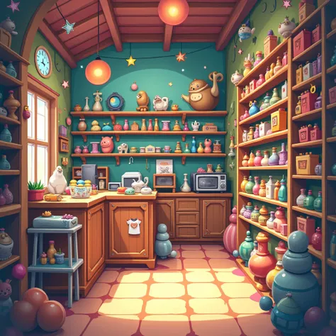 create a cartoonish image of interior of shop without any cashier counter but background 
 must be with racks and items in it