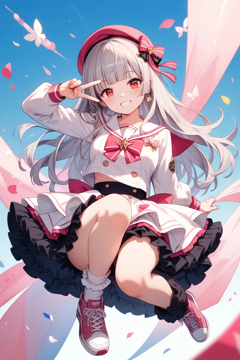 (cinematic lighting:0.4),(pastel color \(medium\):1.0),adorable,1girl,light-gray hair,hime cut,red eyes,decora sailor uniform,Ruffle layered skirt,mid-calf socks,sneaker,idol costume,white simple background,(white backgroud:1.2),looking at viewer,daunting ...