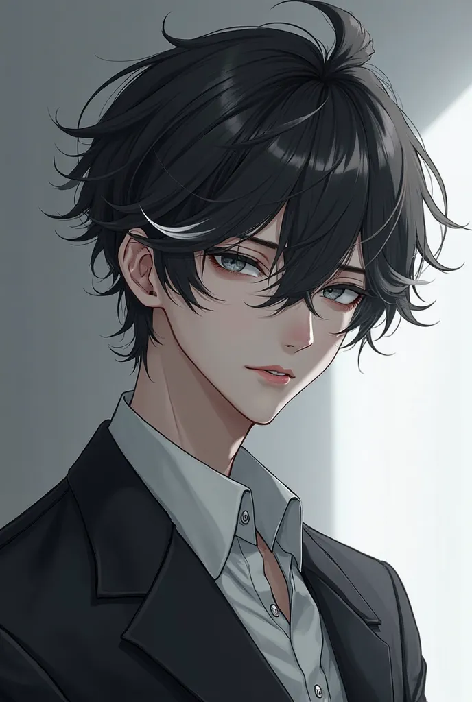 Alta calidad, An anime boy, Serious,  attractive, black hair with white tufts and gray eyes, pale and thin, slightly tired slanted eyes, Let it be noted that he is a man 