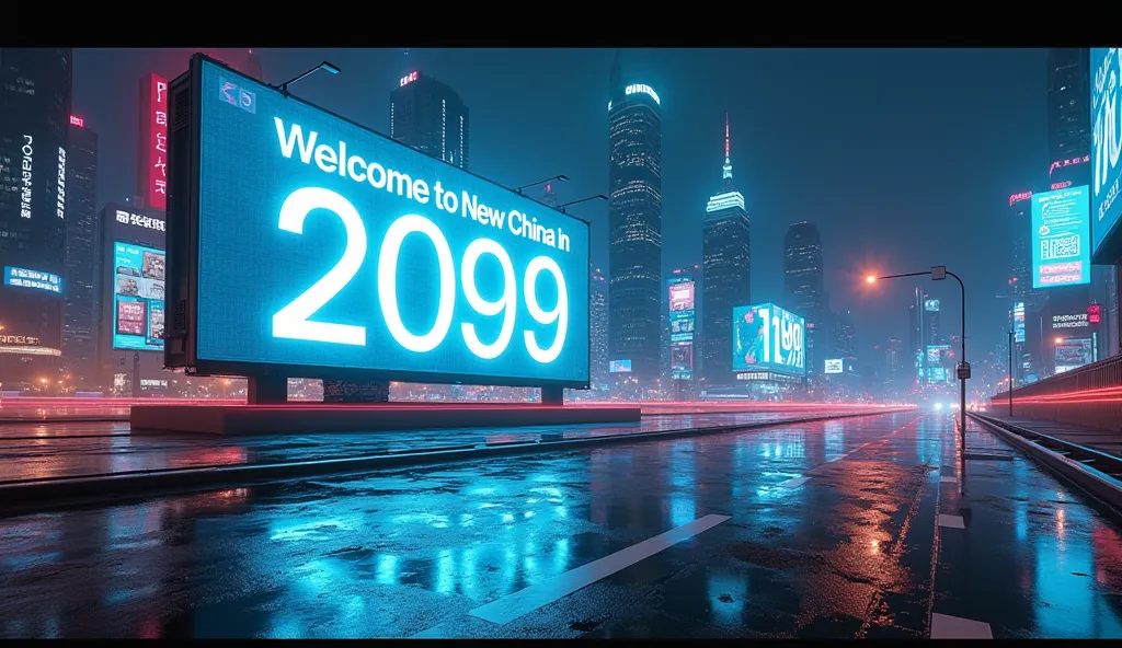 A futuristic urban landscape is presented, with holographic projection-style advertisements everywhere. In the background, there is a huge billboard, on which the words "Welcome to New China in 2099" are written in bright and glowing fonts.