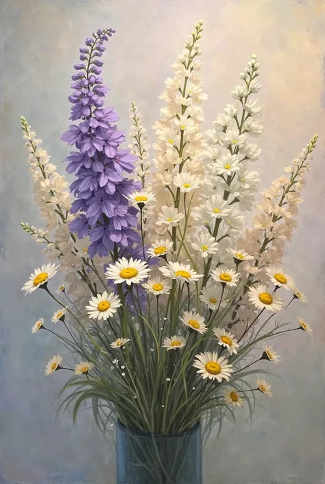 A painting of the two flowers, ursnia and yarrow in a bouquet.the paintings art style should be oil Painting and it should be etheral.