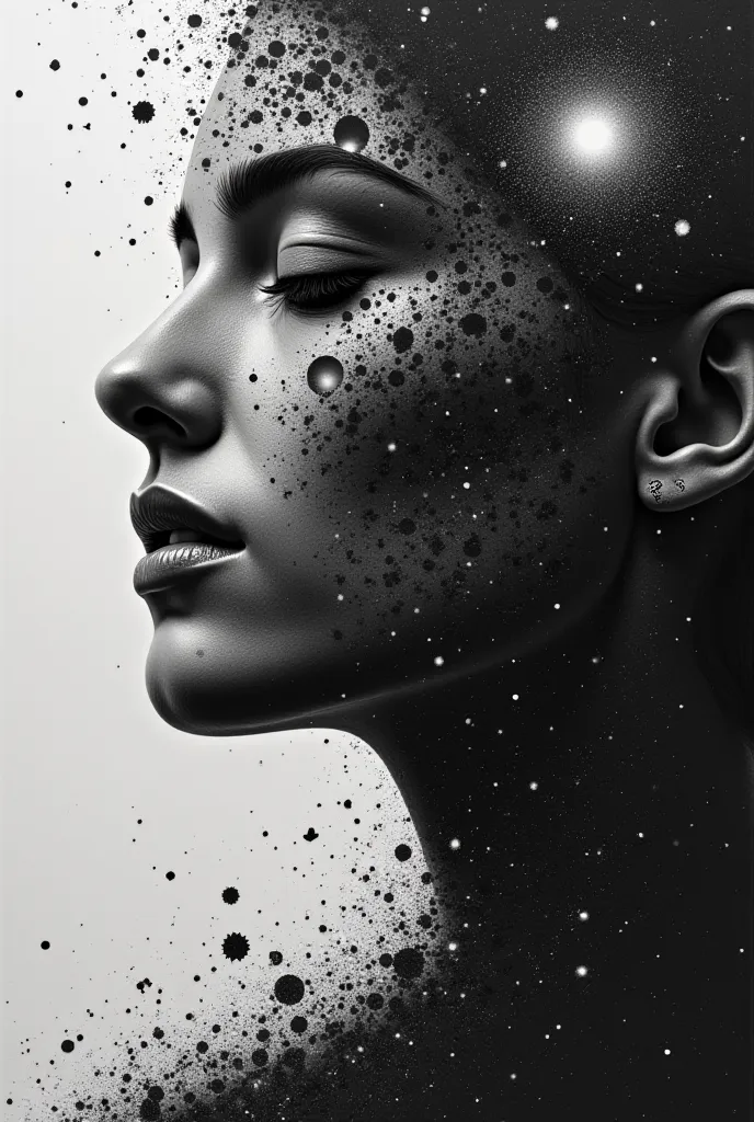 Generate an image of a woman's face that breaks into small and medium-sized fragments, I want the face to be done in the pencil shadow technique and to be seen in realism, I want the drawing to contain a galaxy in the background in the distance and to see ...