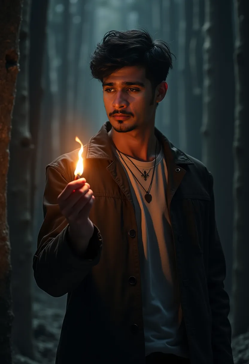 zain, 18 years old, short black hair, handsome, holding a small, glowing flame in a dark, shadowy environment. The flame casts a warm, soft light, symbolizing inner strength and hope overcoming darkness. The atmosphere is dramatic yet hopeful
