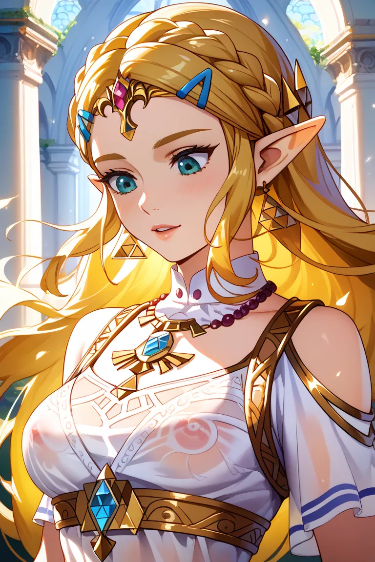 Princess Zelda、bust up、 Look Down、Overflowing Chest、See-through dress、