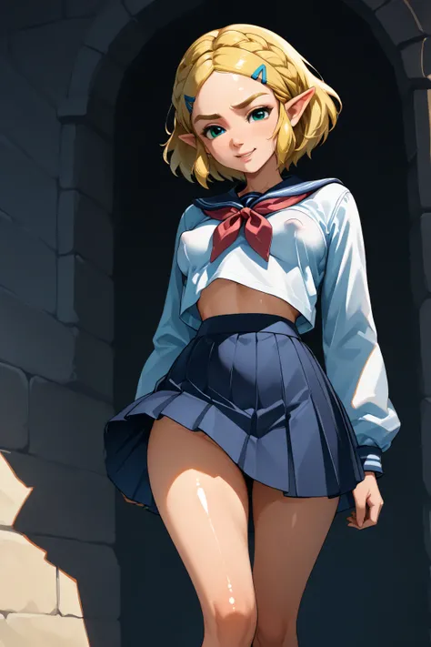 1 girl, solo, Highly detailed, slender legs, thin waist, anime, anime style, hyrule castle, normal sized body, shadows, sexy eyes, highly detailed eyes,, 8k, sexy face, small perky breasts,  anime style, black outline, bright colors, vibrant, princess Zeld...