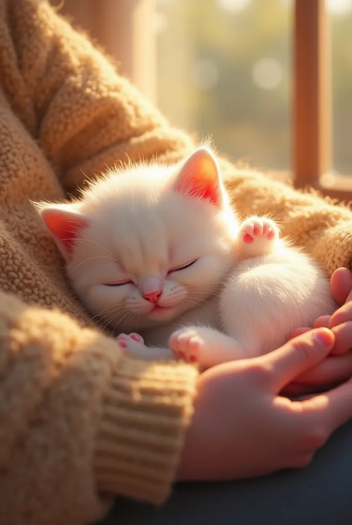 The tiny white kitten curls up in the ’s lap, its pink nose resting against the soft fabric of their sweater. Its eyes slowly close, a peaceful purr vibrating from its . The ’s gentle hand strokes its fur, offering warmth and security. Sunlight from a near...