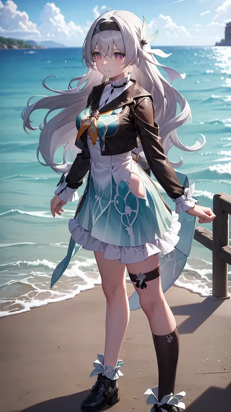 There was a girl coming out of the sea, 1 girl,liuying,gray hair,blows, Long Sleeves Leather,hair ornament, black jacket,black headband,Alta calidad,green,high stockings,skirt,  half smile , a soft expression on her face, Seascape and sunlight background.,...