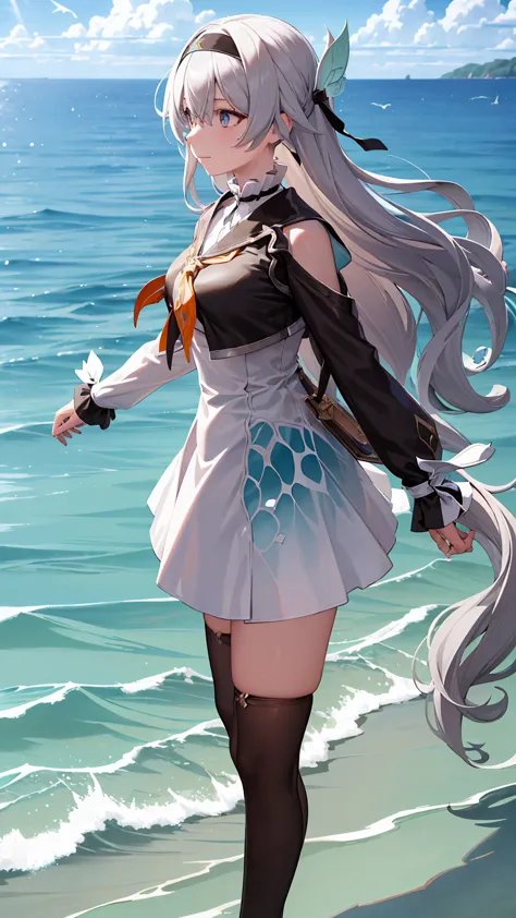 There was a girl coming out of the sea, 1 girl,liuying,gray hair,blows, Long Sleeves Leather,hair ornament, black jacket,black headband,Alta calidad,green,high stockings,skirt,  half smile , a soft expression on her face, Seascape and sunlight background.,...