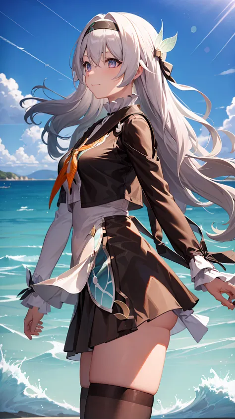 There was a girl coming out of the sea, 1 girl,liuying,gray hair,blows, Long Sleeves Leather,hair ornament, black jacket,black headband,Alta calidad,green,high stockings,skirt,  half smile , a soft expression on her face, Seascape and sunlight background.,...