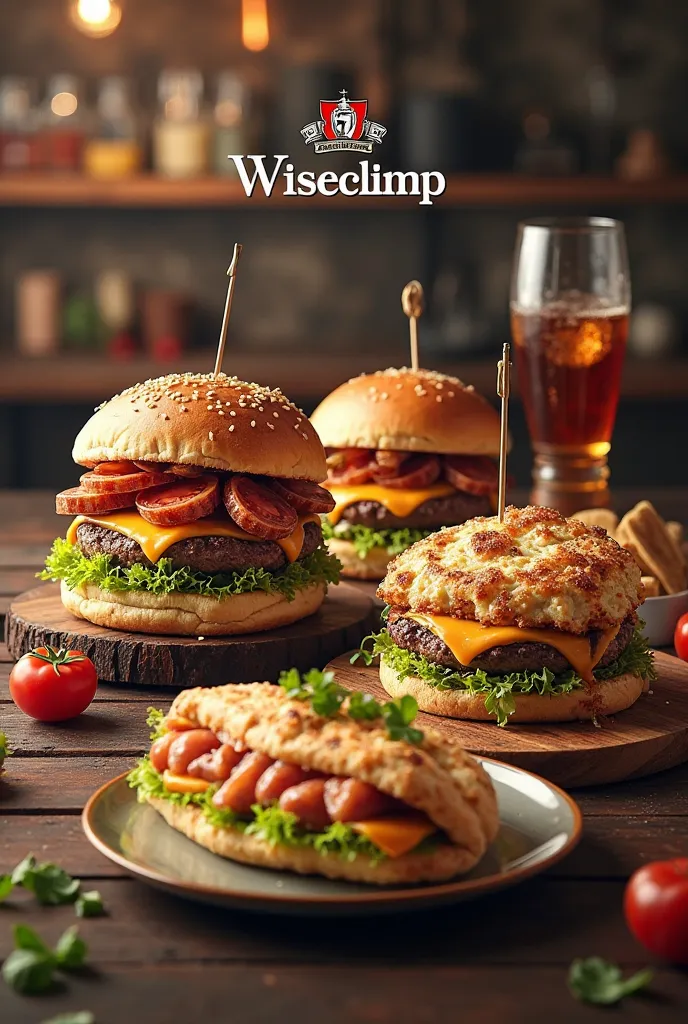 Make an advertising brochure featuring hamburger foods, Tenderloin fillet montaditos, tortilla y Hot dog, Where WiseClimb appears above as the title 