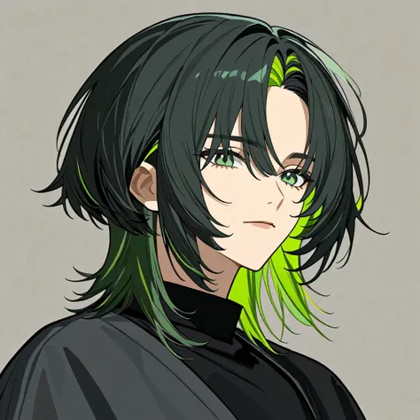 Create an anime with black hair, highlighting green hair, green eyes, undercut hair on the side, and with a gradient of layers of hair to give it volume and look a little messy in the style of a wolf cut. The length is so flattering. I open my forehead, fl...