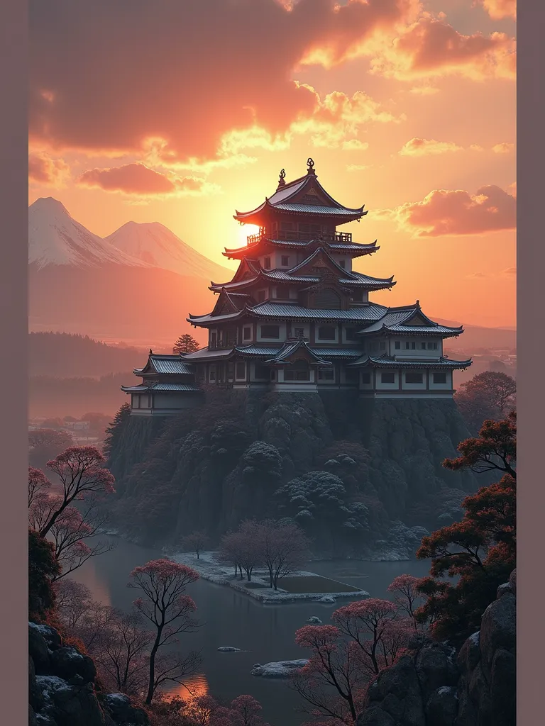 realistic、 Japanese Castle、sunset、 Snow Scenery 、 Mount Fuji