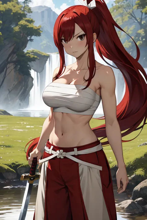 masterpiece, best quality, highres, fairy tail, 1girl, long hair, red hair, ponytail, white ribbon, hair over one eye, brown eyes, large breasts, collarbone, chest sarashi, bandage, bare arms, midriff, red hakama, red pants, standing, holding weapon, sword...