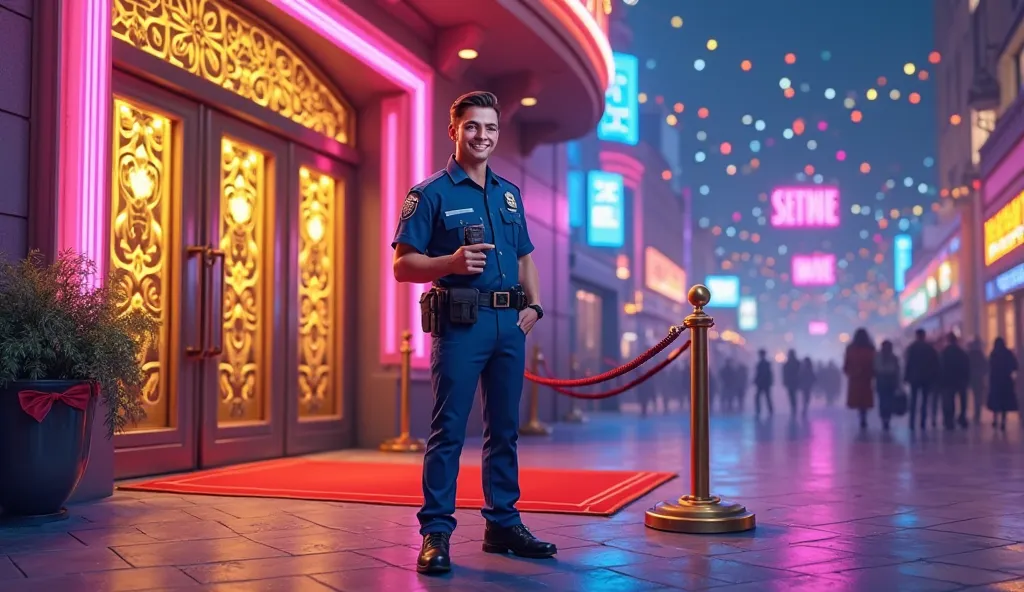 "A semi-realistic yet slightly cartoonish background for a security simulation mobile game. The scene features a full-body security guard standing outside a luxurious nightclub with a casino-style entrance. The guard wears a blue uniform, holds a scanner i...