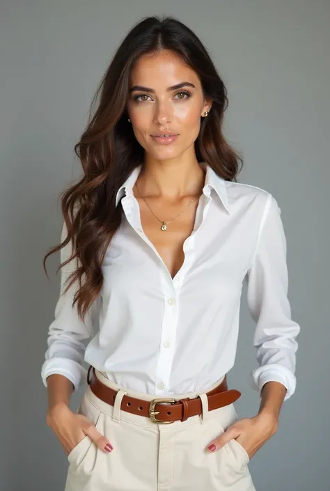 A photo-realistic shoot from a portrait camera angle about a confident woman in a white fitted shirt and high-waisted pants, posing confidently. the image also shows a woman in the middle of the image, who appears to be in her mid-twenties, with long, wavy...