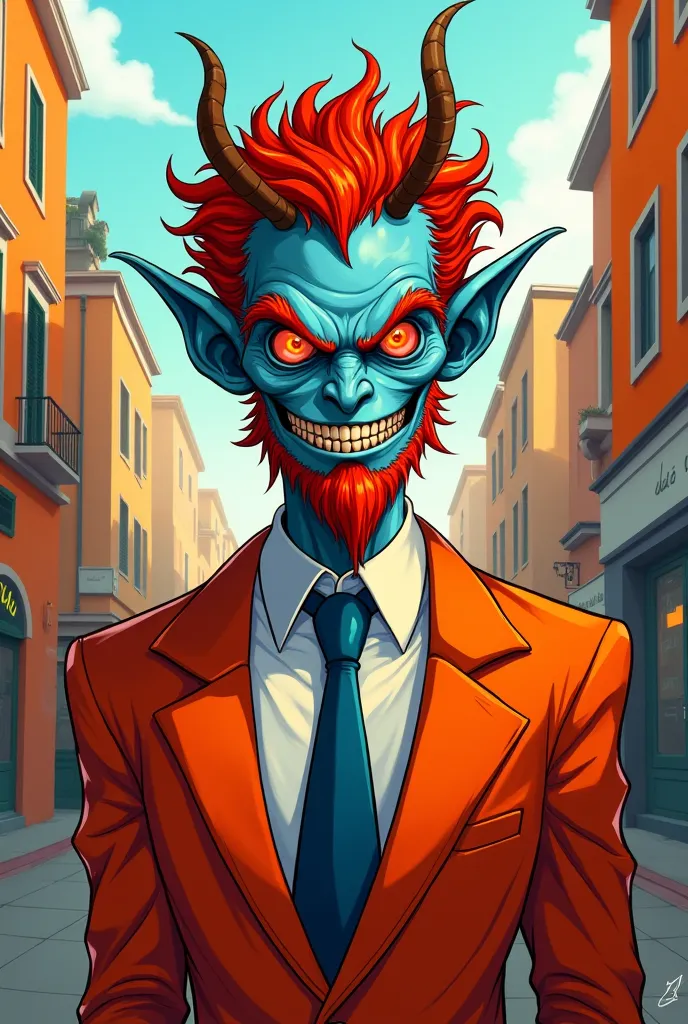 Red-eyed demon with very pale blue skin in an orange-colored suit with a red beard only on his chin, short, messy red hair with pointed red hair,  smiling with sharp teeth white shirt and blue tie in an Italian city. COMIC STYLE