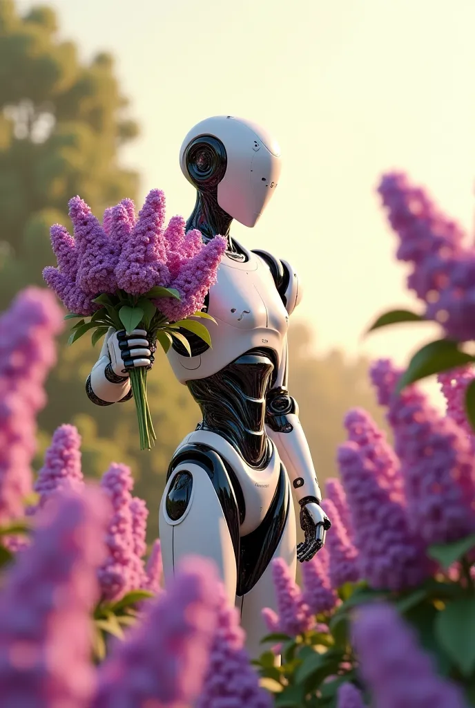 Bottom view: against the backdrop of blooming lilac bushes stands a fantastic male robot made of white plastic and metal holding a huge bouquet of flowers