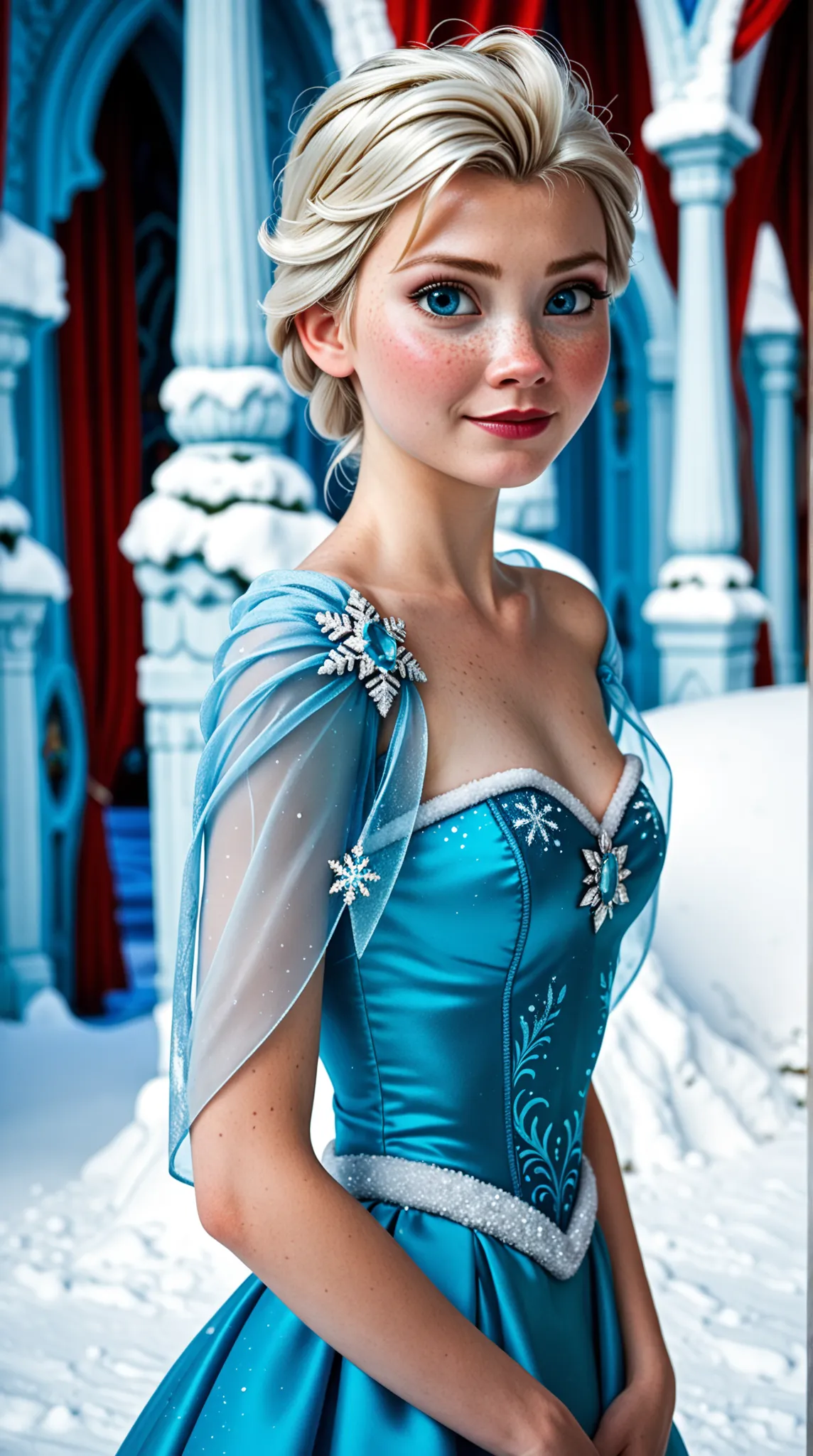 a girl (petite, skinny, prominent freckles, cheek and chin dimples, short platinum blonde hair 1.4) (Her eyes are a captivating shade of light blue). In an enchanted frozen palace. She is dressed as Elsa from Frozen. Cinematic. Full body shot.