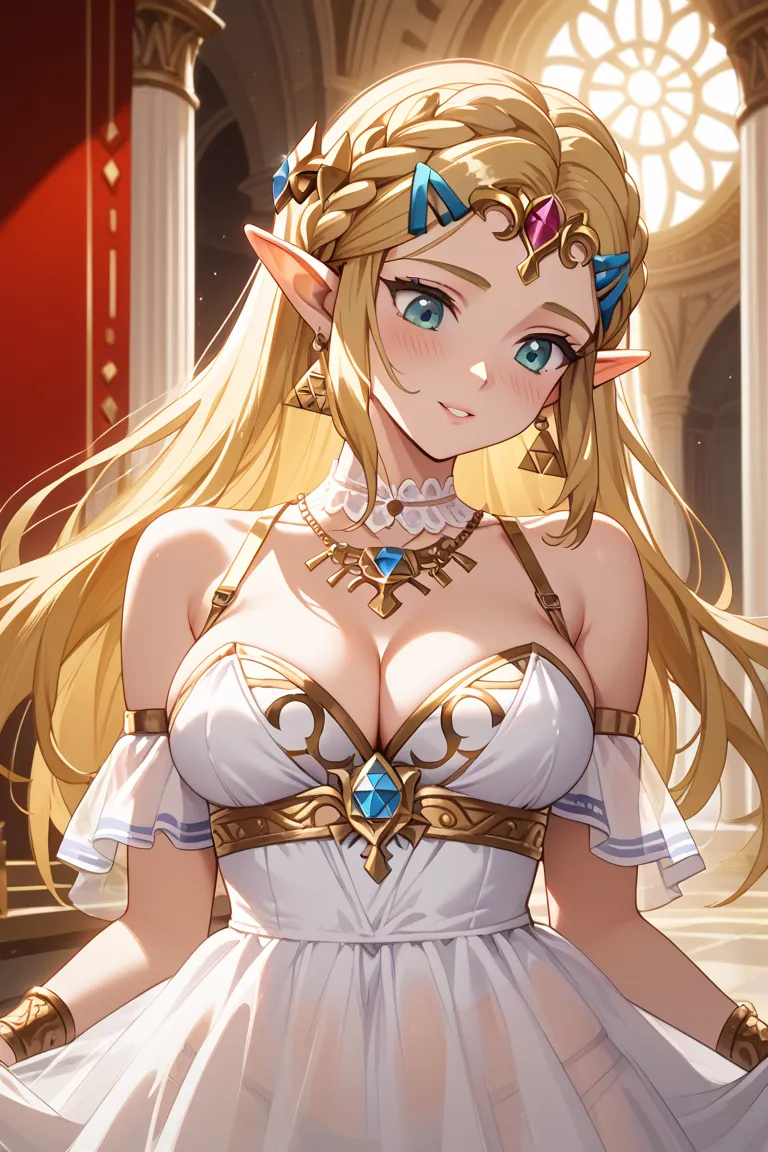 Princess Zelda、bust up、 Look Down、Overflowing Chest、See-through dress、staring over here、blush