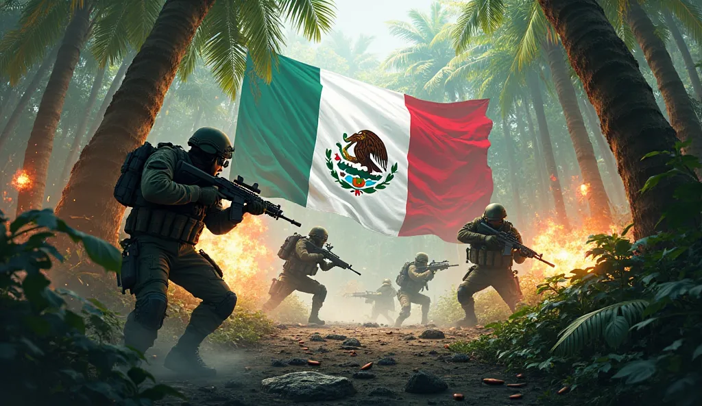 animated call of duty mobile fighting in the jungle, With coat of arms of Mexico 
