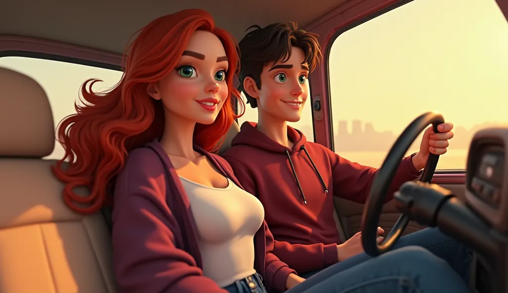 The image is made in the style of 3D animation, reminiscent of Disney or Pixar cartoons. Characters with large cartoon eyes. Conveys an atmosphere of warmth and romance. All the details are carefully worked out. The image shows a romantic scene with two yo...