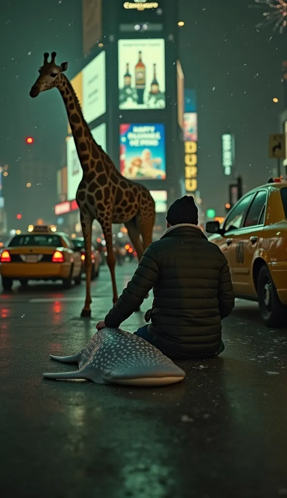 In the heart of New York City on a crisp New Year’s Eve, an enormous whale shark and a towering giraffe sit together peacefully amidst the glowing billboards and bustling crowds of Times Square. The whale shark, impossibly resting on the pavement as if wei...